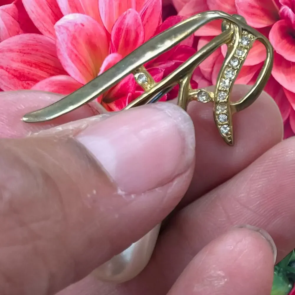 Vintage 70s Pearl and Crystal Stone Gold Brooch Double Pearl Drip Granny Cottage